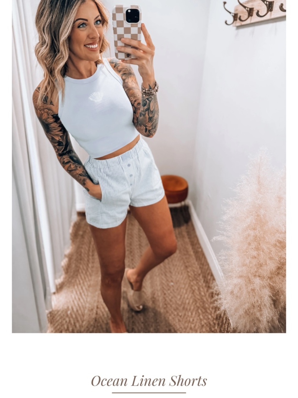 White Ribbed Crop Tank with Light Blue Linen Shorts